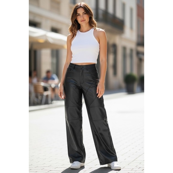 Zara Pants - Zara W Black Faux Leather Wide Leg Cut Out Pockets Small Pants Biker Core Rocker